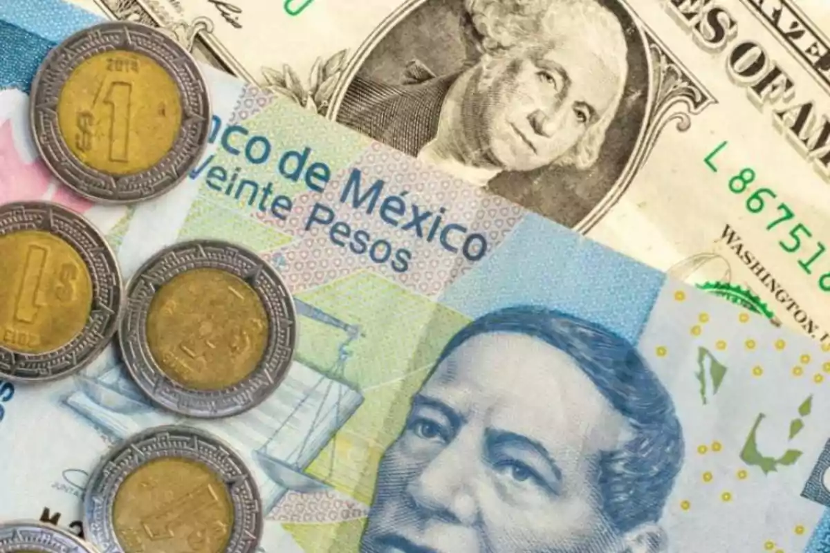 Billetes y monedas de diferentes denominaciones de México y Estados Unidos.