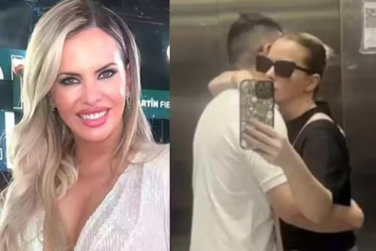 Una mujer rubia sonríe a la cámara en un evento mientras que en otra imagen una pareja se abraza en un ascensor y se toma una selfie.