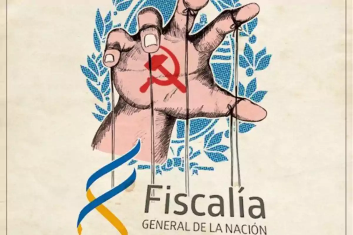 Una mano con un símbolo comunista manipula hilos que controlan el logo de la Fiscalía General de la Nación.