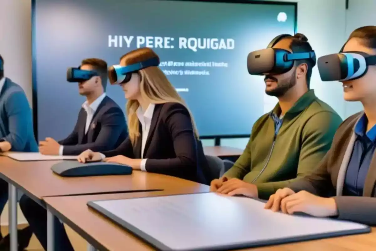 Personas en una sala de reuniones usando visores de realidad virtual mientras están sentadas en una mesa.