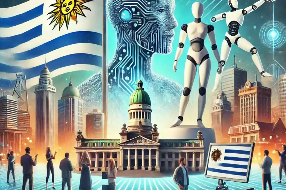 Una ilustración futurista que combina elementos de tecnología avanzada, como robots y circuitos, con un entorno urbano y la bandera de Uruguay.