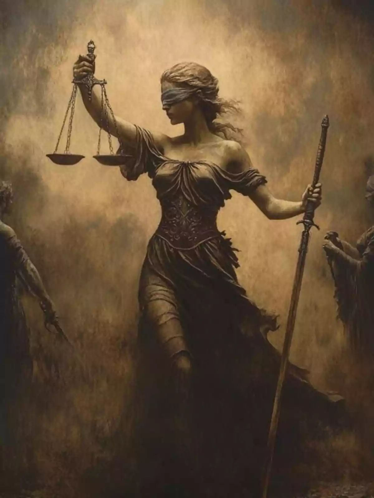 A blindfolded female figure holds a scale in one hand and a staff in the other, representing justice in a dark and dramatic artistic style.