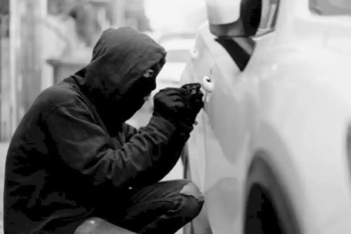 Persona con capucha intentando abrir la puerta de un coche.