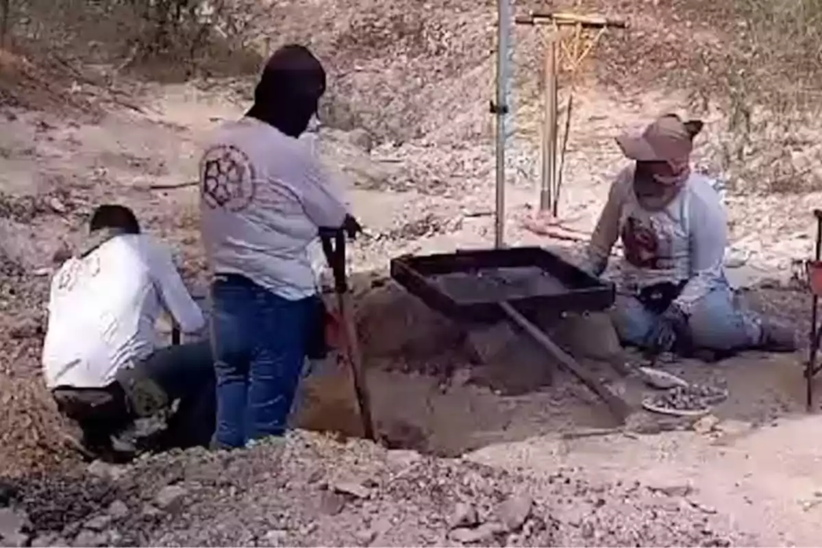 Tres personas con camisetas blancas y pantalones de mezclilla trabajan en una excavación en un terreno árido, utilizando herramientas y un tamiz.