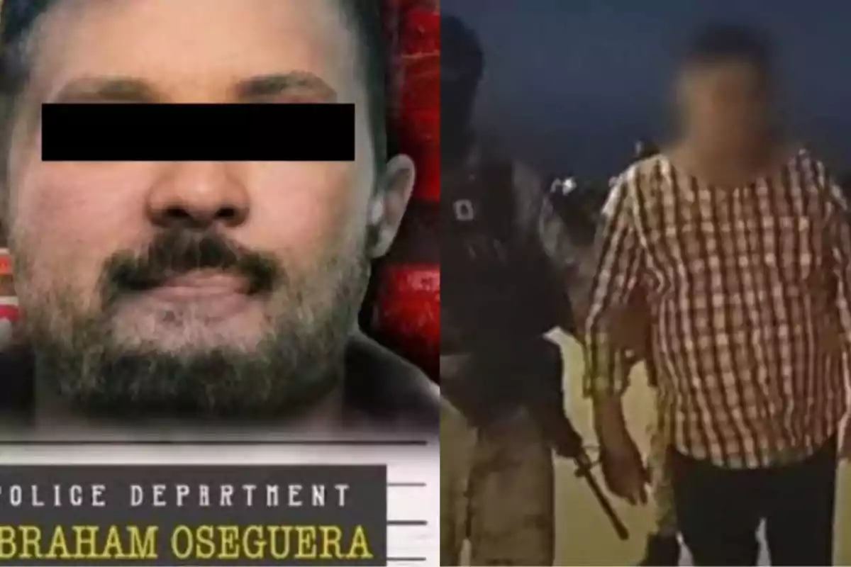 Una imagen dividida en dos partes muestra a la izquierda un rostro masculino con los ojos cubiertos por una franja negra y a la derecha a una persona con camisa a cuadros siendo escoltada por un oficial.