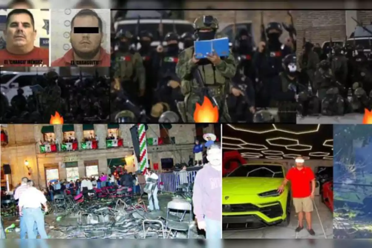 Un collage que muestra imágenes de personas con los ojos cubiertos, fuerzas armadas, una escena de disturbio en una plaza pública y un hombre posando junto a un automóvil deportivo en un entorno iluminado.