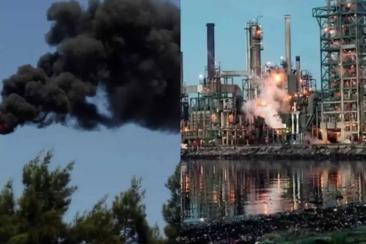 A column of black smoke rises into the sky next to an industrial plant with metal structures and bright lights reflected in the water. A column of black smoke rises into the sky next to an industrial plant with metal structures and bright lights reflected in the water.