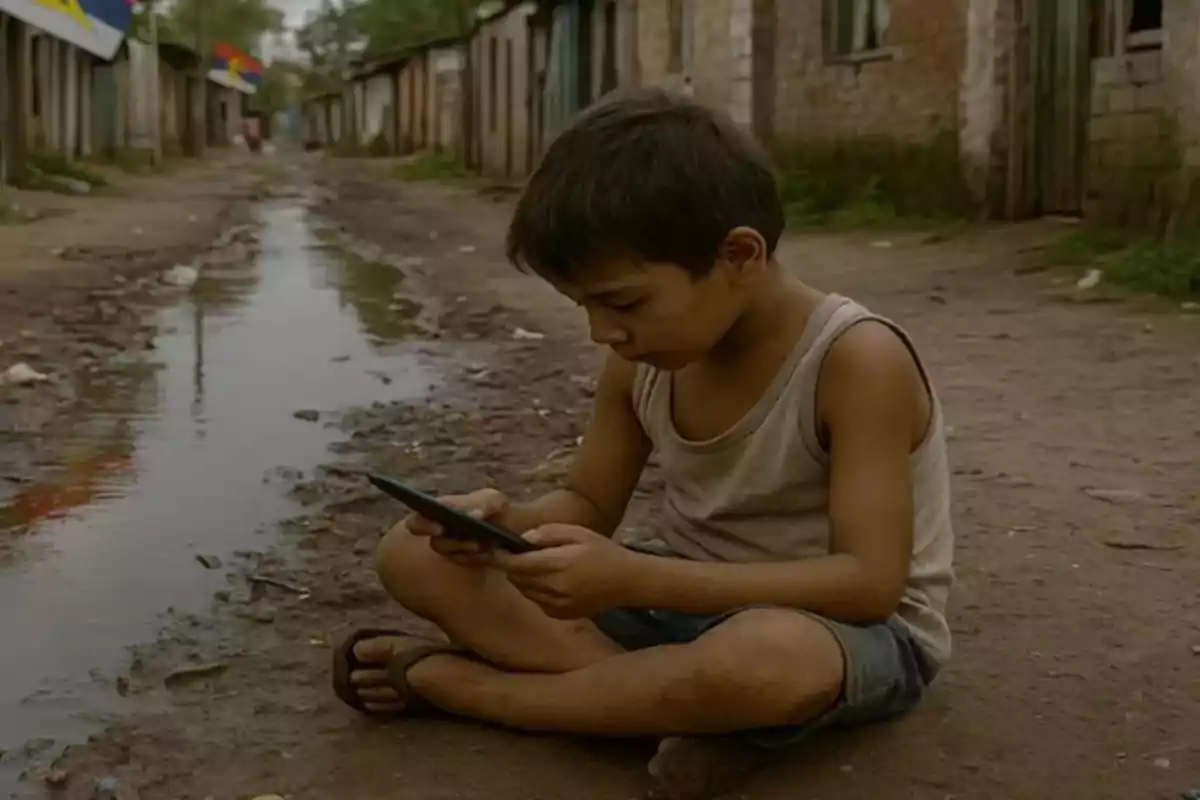 A child sitting on the ground of a dirt road, focused on a mobile device, with houses and puddles around him.
