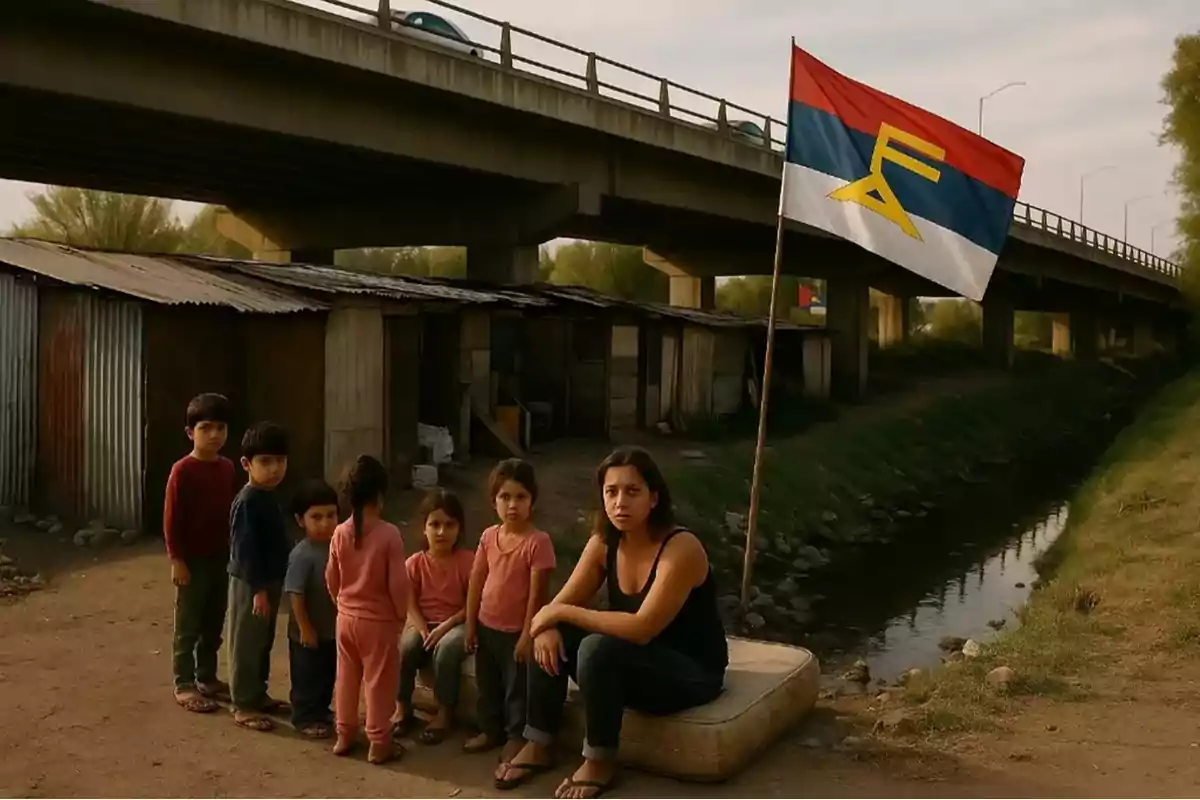 A group of children and a young woman are next to some makeshift houses under a bridge near a water canal, and a flag is waving in the foreground. A group of children and a young woman are next to some makeshift houses under a bridge near a water canal, and a flag is waving in the foreground.