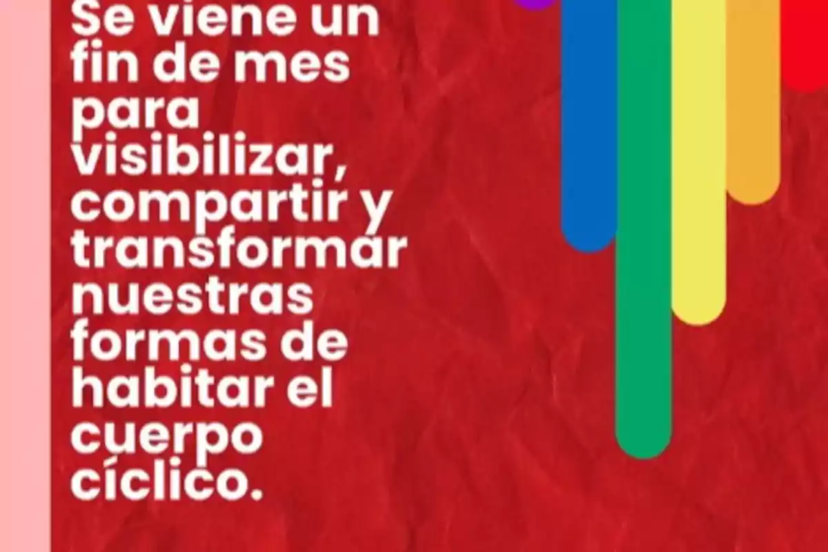 Text on a red background that invites people to make visible, share, and transform ways of inhabiting the cyclical body, accompanied by vertical rainbow-colored bars on the right side.