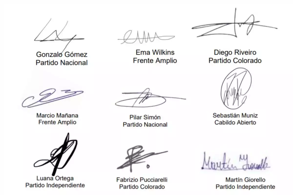 Nueve firmas de diferentes personas acompañadas por sus nombres y afiliaciones a partidos políticos uruguayos Nueve firmas de diferentes personas acompañadas por sus nombres y afiliaciones a partidos políticos uruguayos