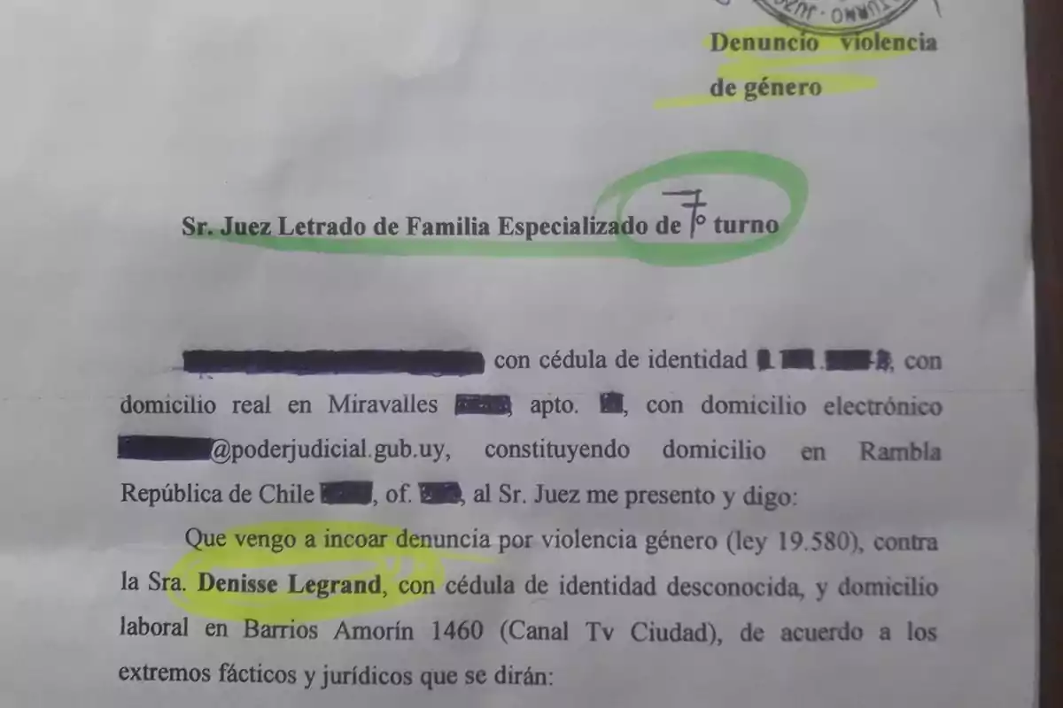 Court document with sections highlighted in yellow and green, mentioning a complaint of gender-based violence and the name Denisse Legrand. Court document with sections highlighted in yellow and green, mentioning a complaint of gender-based violence and the name Denisse Legrand.