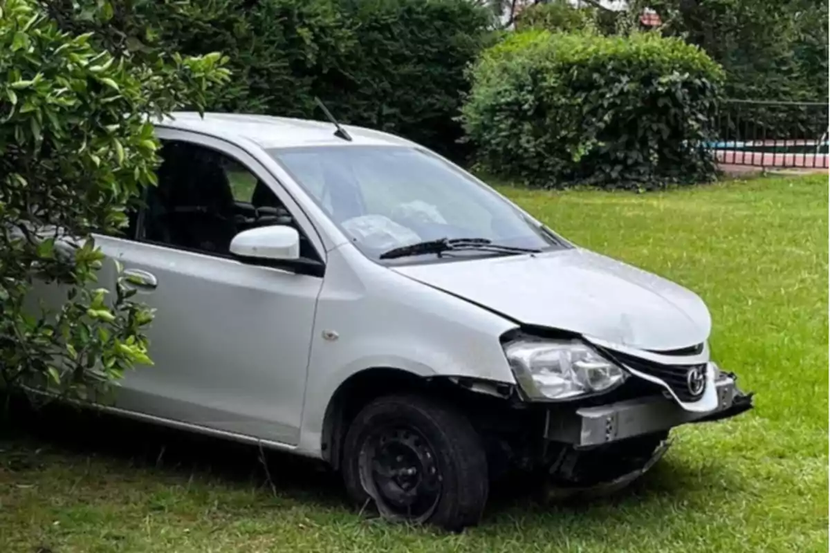 Un coche blanco con el parachoques delantero dañado estacionado en un área verde con arbustos alrededor.