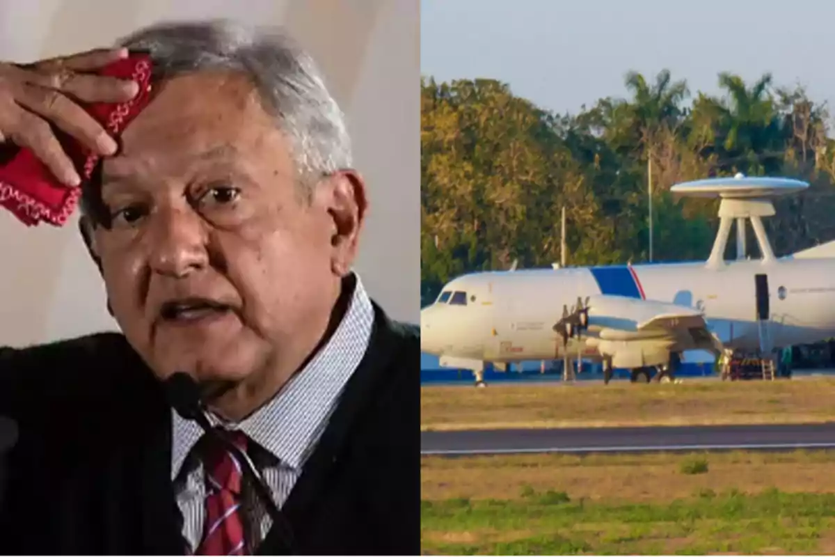 Un hombre con una toalla roja en la frente junto a una imagen de un avión en un campo.