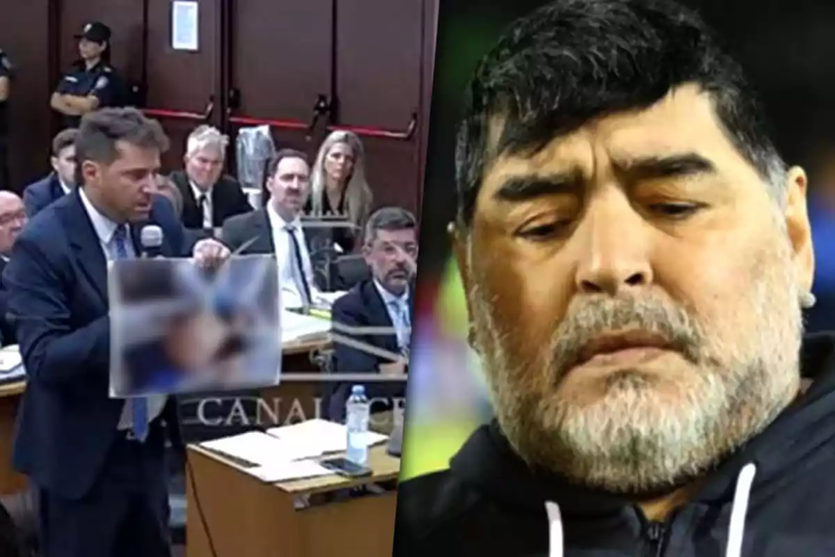 A man in a courtroom holds a blurry image while speaking, and next to him is a close-up of another person with a serious expression.