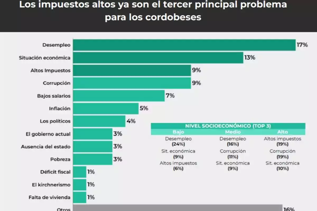 Gráfico de barras que muestra los principales problemas para los cordobeses según una encuesta, donde el desempleo es el mayor problema con 17 por ciento, seguido por la situación económica con 13 por ciento y los altos impuestos y la corrupción con 9 por ciento cada uno, además se observa un recuadro que detalla el top 3 de problemas según nivel socioeconómico Gráfico de barras que muestra los principales problemas para los cordobeses según una encuesta, donde el desempleo es el mayor problema con 17 por ciento, seguido por la situación económica con 13 por ciento y los altos impuestos y la corrupción con 9 por ciento cada uno, además se observa un recuadro que detalla el top 3 de problemas según nivel socioeconómico