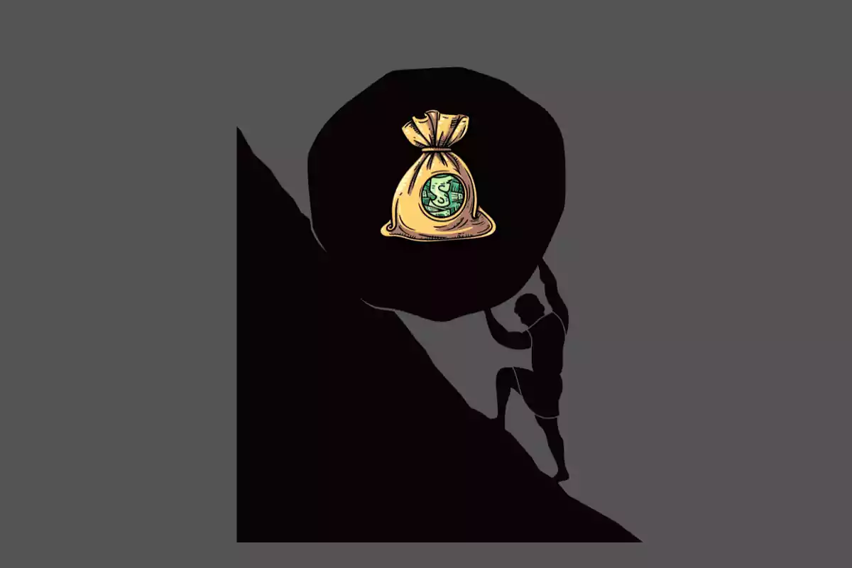 A silhouette of a person pushing a large rock uphill, with a bag of money drawn on the rock.