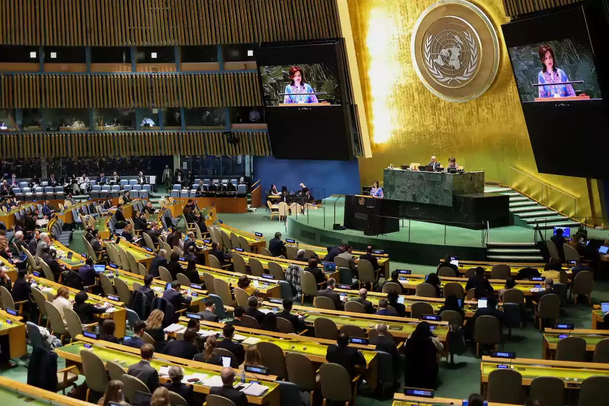 A person speaking at a podium in a large conference room filled with delegates.