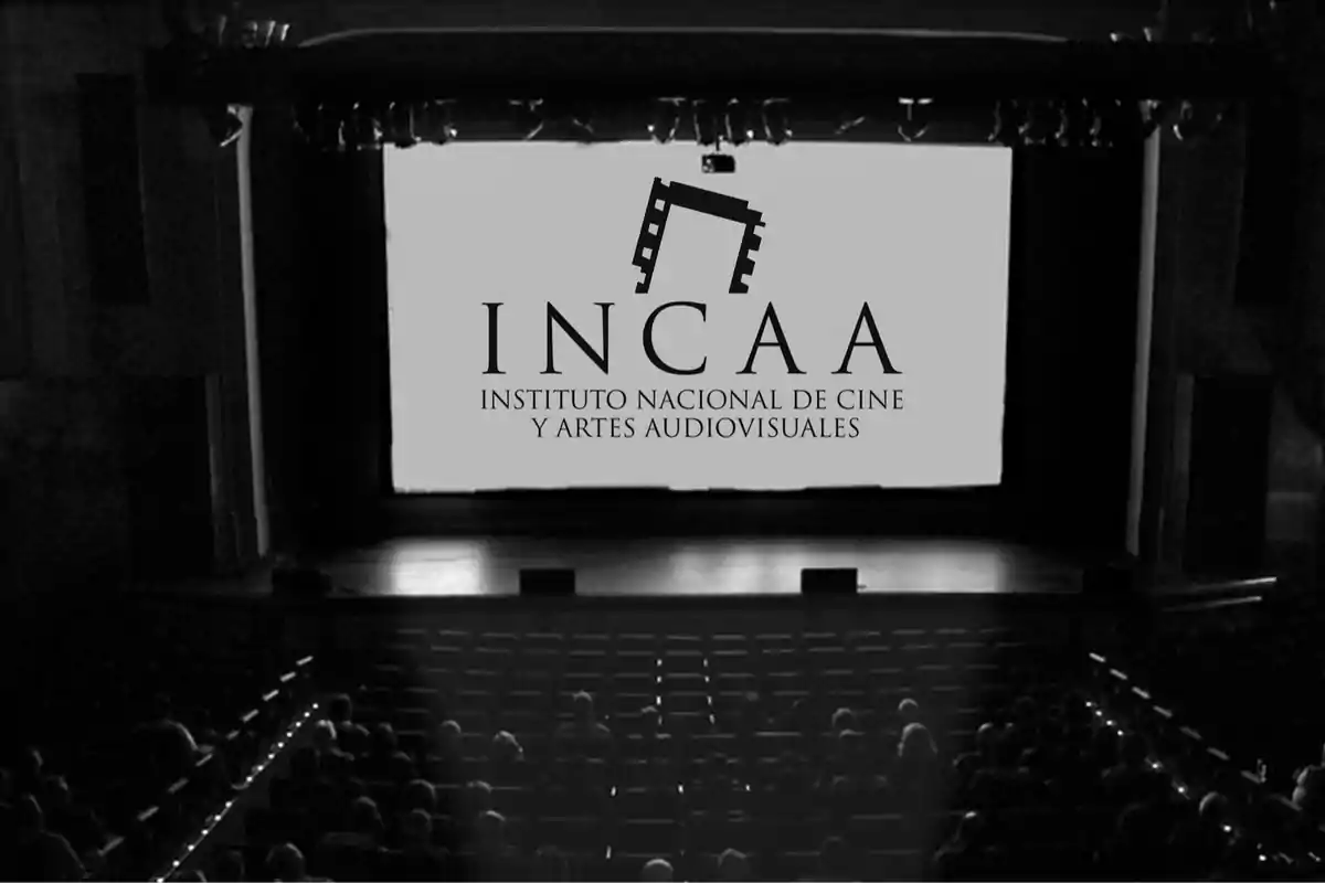 A dark movie theater with a large screen displaying the logo of INCAA, National Institute of Cinema and Audiovisual Arts, with several people seated in the chairs. A dark movie theater with a large screen displaying the logo of INCAA, National Institute of Cinema and Audiovisual Arts, with several people seated in the chairs.