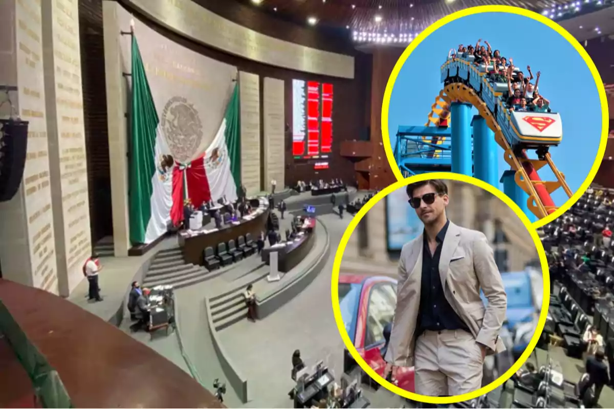 An image showing the interior of a legislative chamber with a large Mexican flag, alongside two overlapping circular images: one of a roller coaster and another of a man in a light suit and sunglasses.