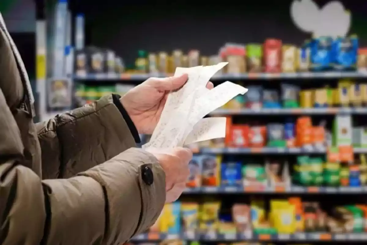Persona con abrigo sosteniendo varios recibos en una tienda de comestibles con estantes llenos de productos al fondo Persona con abrigo sosteniendo varios recibos en una tienda de comestibles con estantes llenos de productos al fondo