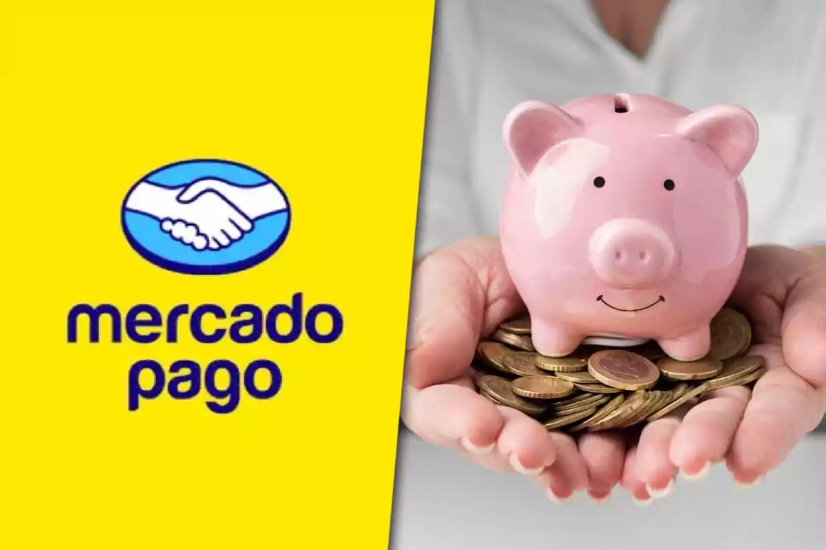 Logo de Mercado Pago junto a una alcancía de cerdito rosa sobre monedas en manos humanas