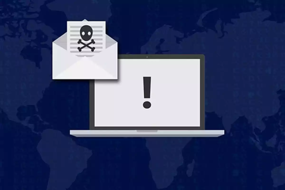 An envelope with a skull and crossbones symbol next to a laptop with an exclamation mark on the screen against a dark blue background. An envelope with a skull and crossbones symbol next to a laptop with an exclamation mark on the screen against a dark blue background.