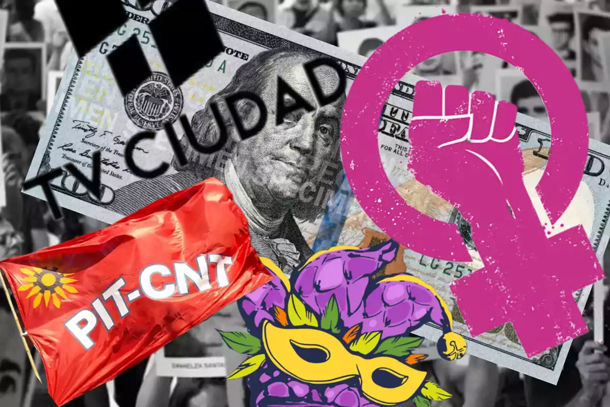 Collage con elementos de protesta social, un billete de dólar, un símbolo feminista, una bandera roja con texto y una máscara colorida.