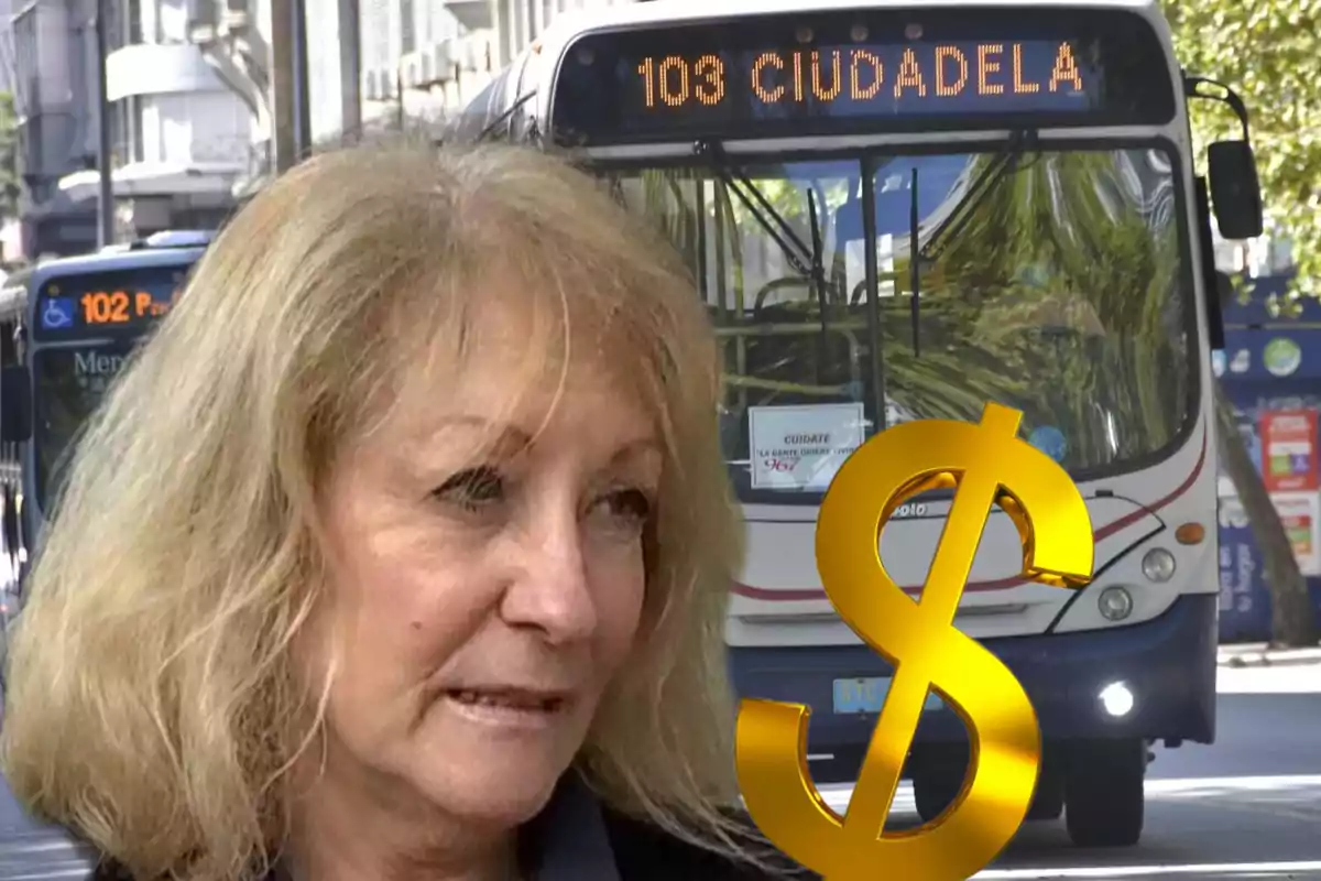 Una mujer de cabello rubio aparece en primer plano mientras un autobús con el letrero "103 Ciudadela" se encuentra en el fondo y un símbolo de dólar dorado está superpuesto en la imagen.