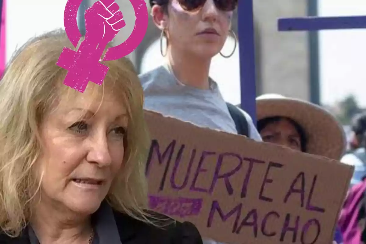 Una mujer con un símbolo feminista en la cabeza y otra persona sosteniendo un cartel en una manifestación.