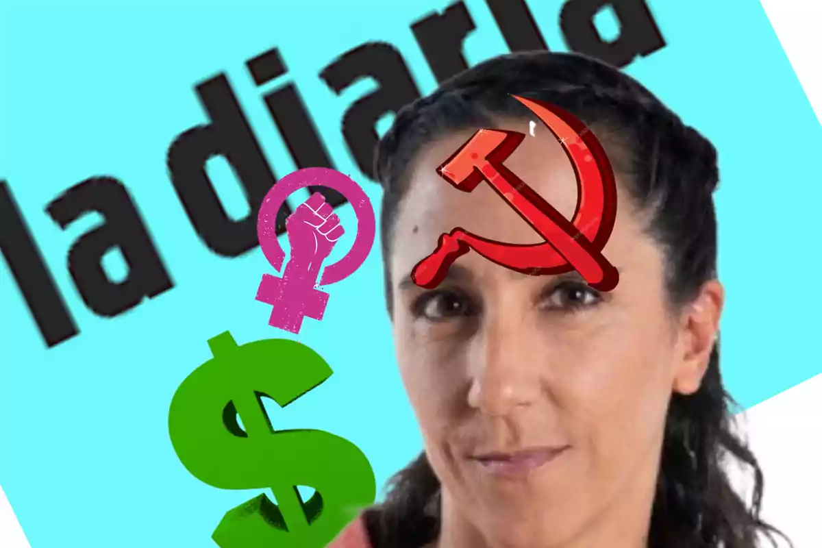 Mujer con símbolos de hoz y martillo, feminismo y dólar sobre su rostro, con el texto "la diaria" en el fondo.