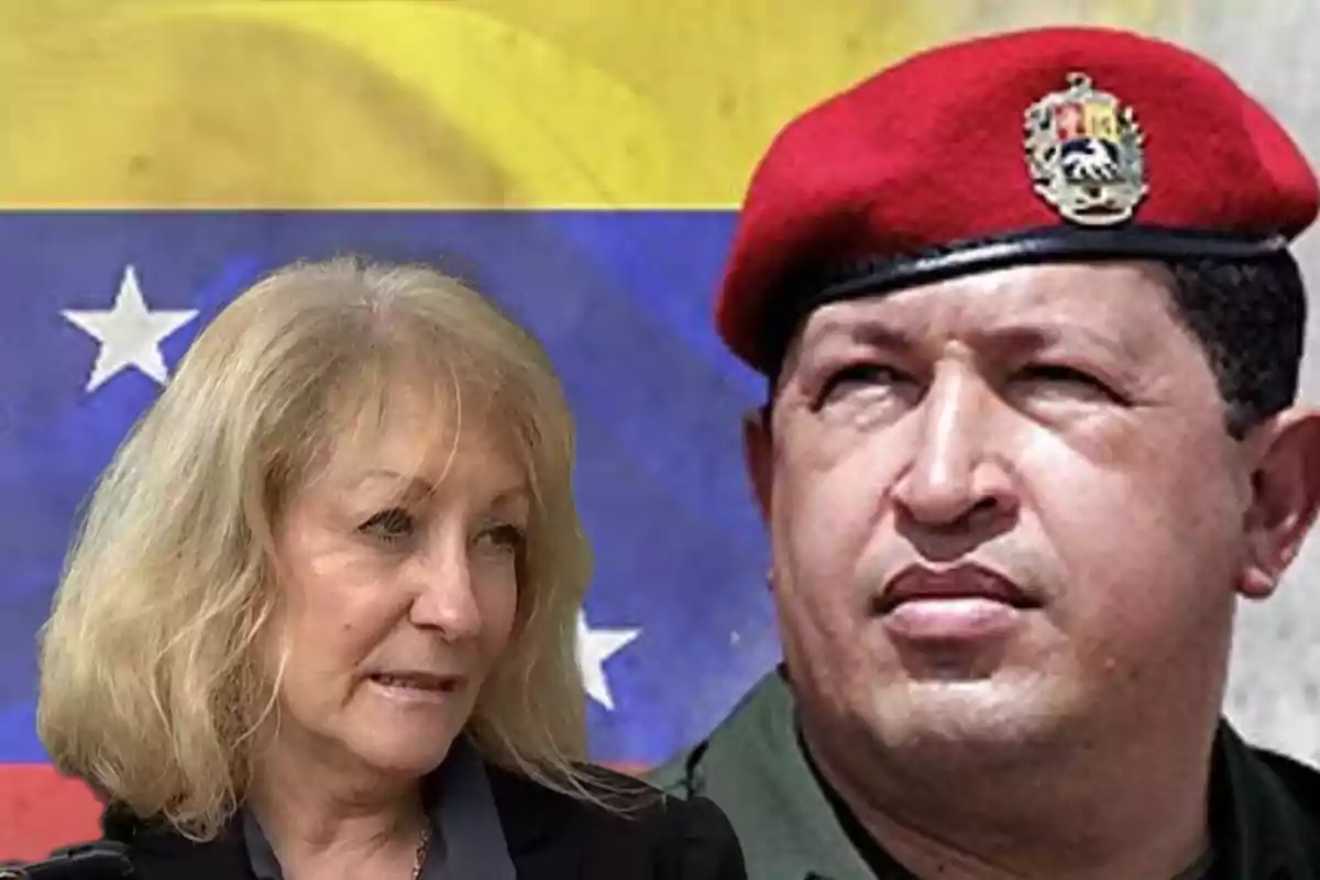 Dos personas frente a una bandera de Venezuela, una mujer de cabello rubio y un hombre con boina roja.