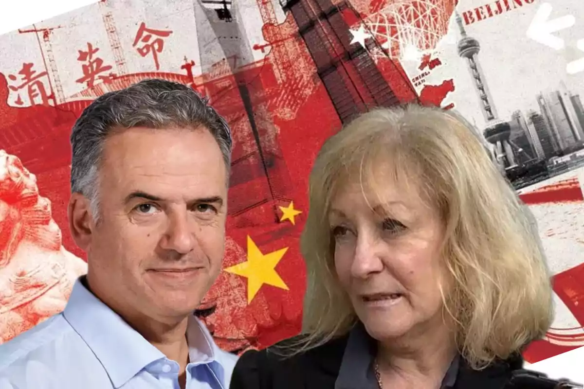 Dos personas frente a un fondo con temática china que incluye banderas, caracteres chinos y un paisaje urbano.