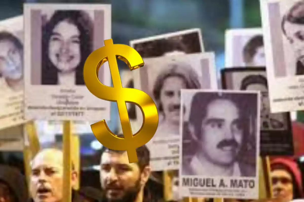 People hold signs with photos of missing individuals while a golden dollar symbol is overlaid in the center of the image.