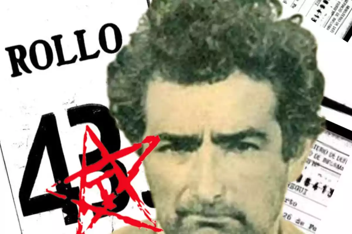 Curly-haired man with a serious expression in the foreground, background with documents and the word ROLLO 43 next to a drawn red star.