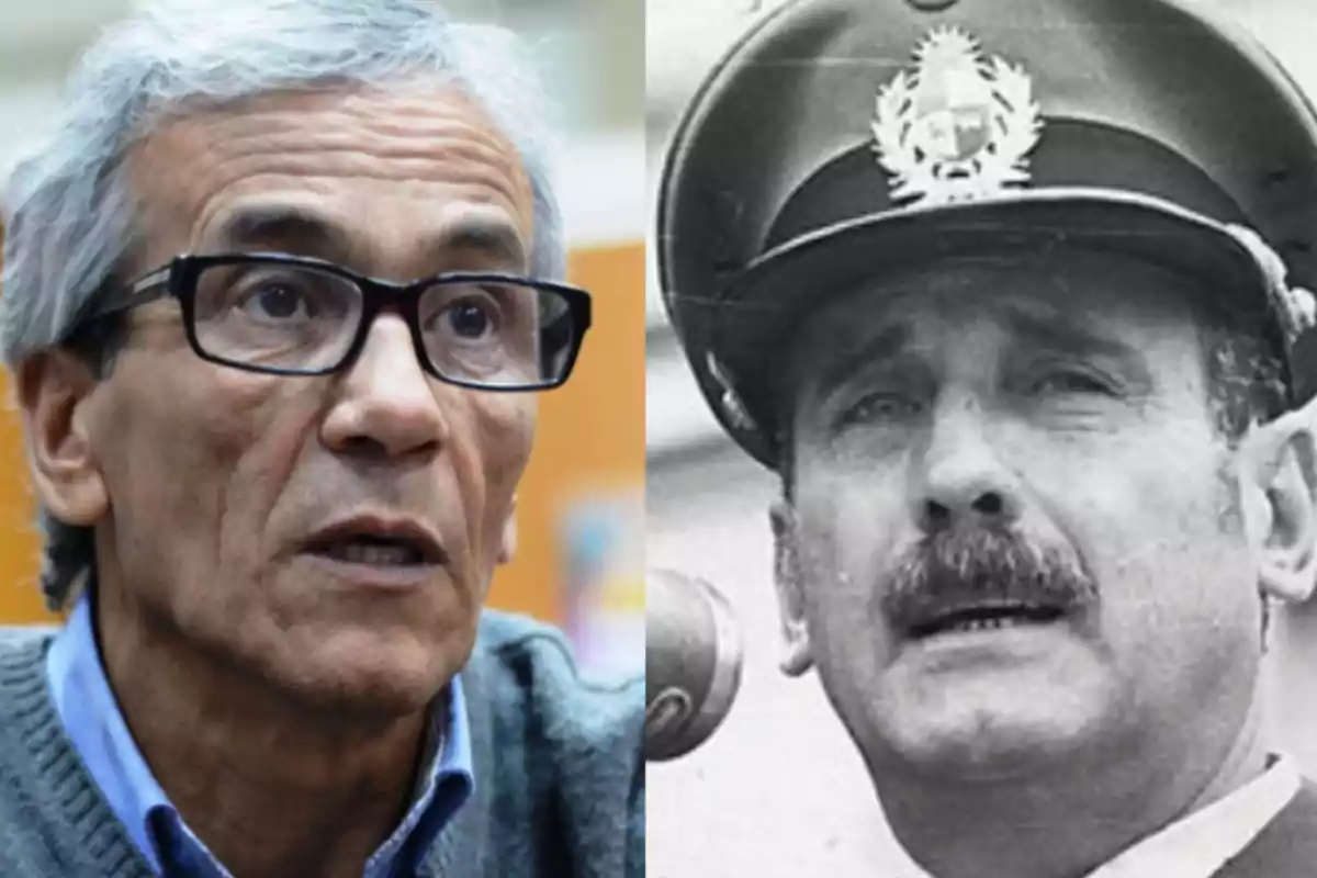 Dos hombres mayores, uno con gafas y cabello canoso en color, el otro con uniforme militar y gorra en una foto en blanco y negro.
