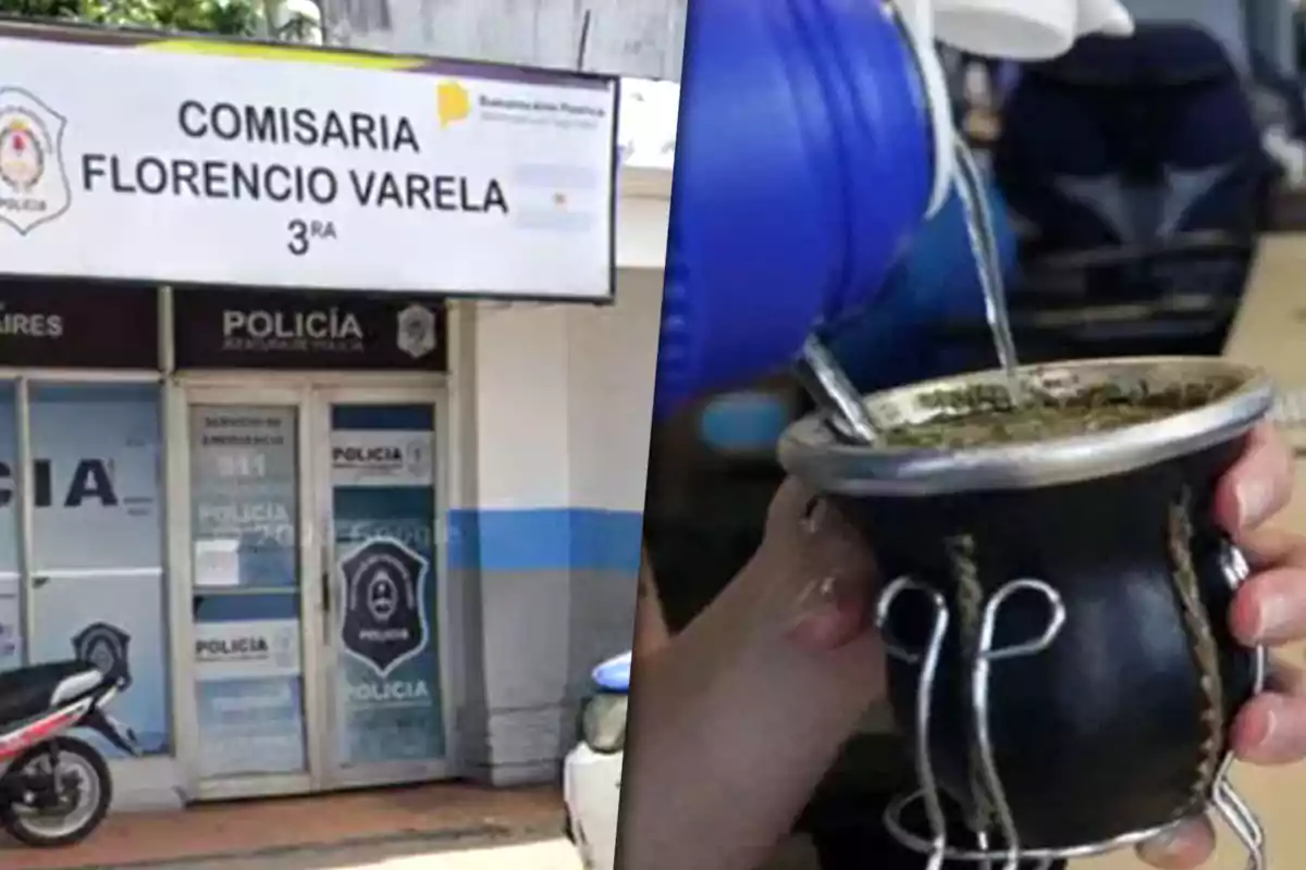 A split image shows on the left the entrance of the Florencio Varela 3rd Police Station and on the right a hand holding a mate while hot water is poured into it.