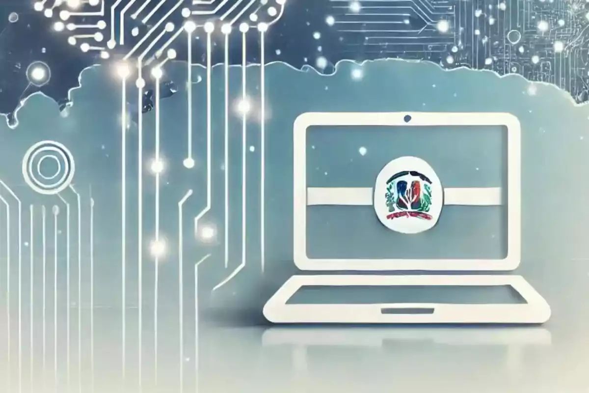 Ilustración de una computadora portátil con el escudo de la República Dominicana en la pantalla sobre un fondo de circuitos tecnológicos. Ilustración de una computadora portátil con el escudo de la República Dominicana en la pantalla sobre un fondo de circuitos tecnológicos.