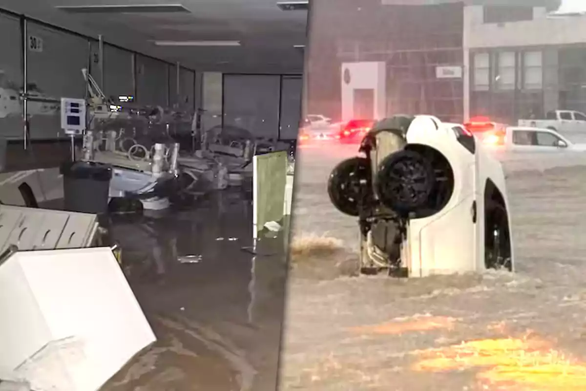 A flooded hospital room next to an image of an overturned car on a waterlogged street.