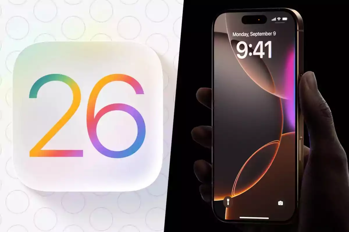 Logo colorido con el número 26 junto a una mano sosteniendo un teléfono inteligente con la pantalla encendida