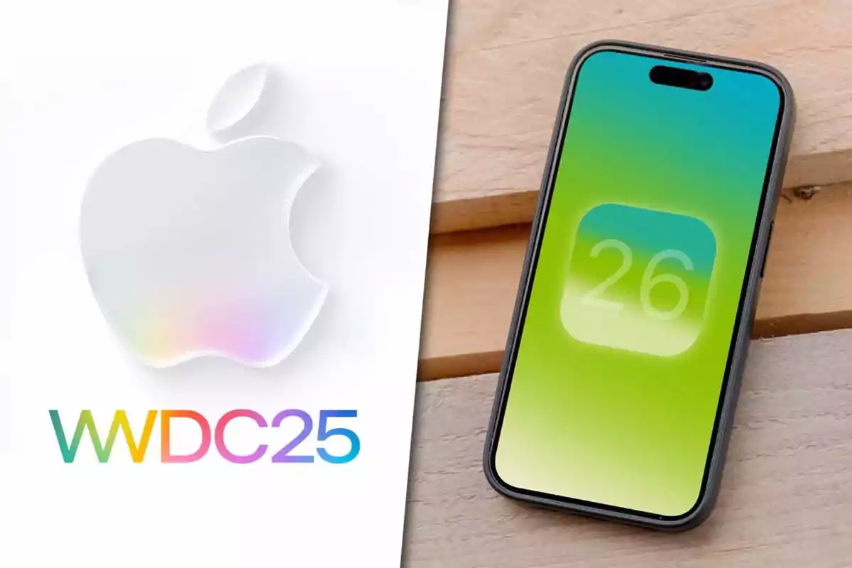 Logo de Apple con el texto WWDC25 en colores y un iPhone mostrando un icono verde con el número 26 en la pantalla
