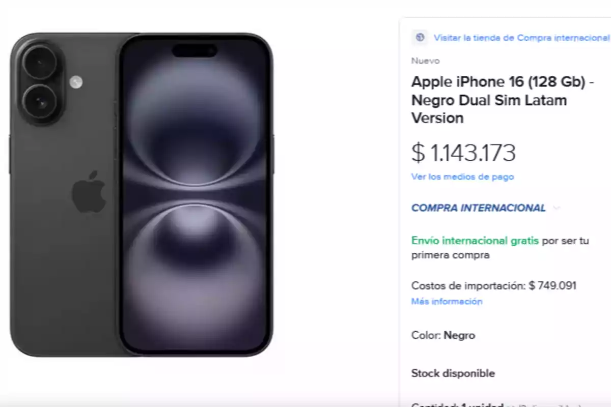 Compra internacional de Mercado Libre de un iPhone 16 negro de 128 GB con precio de[IMAGE].143.173 y envío internacional gratis.