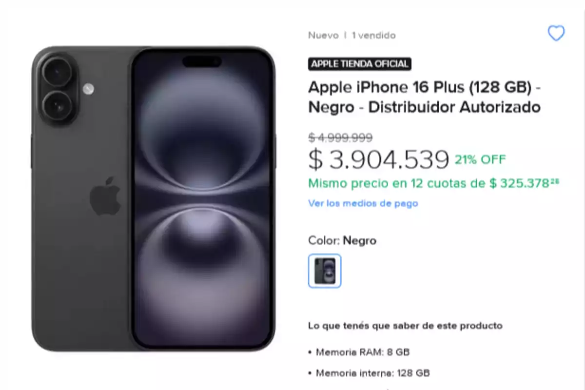 Imagen de Mercado Libre de un iPhone 16 Plus negro de 128 GB con un precio de oferta de ,904,539 mostrando un descuento del 21% y la opción de pago en 12 cuotas.