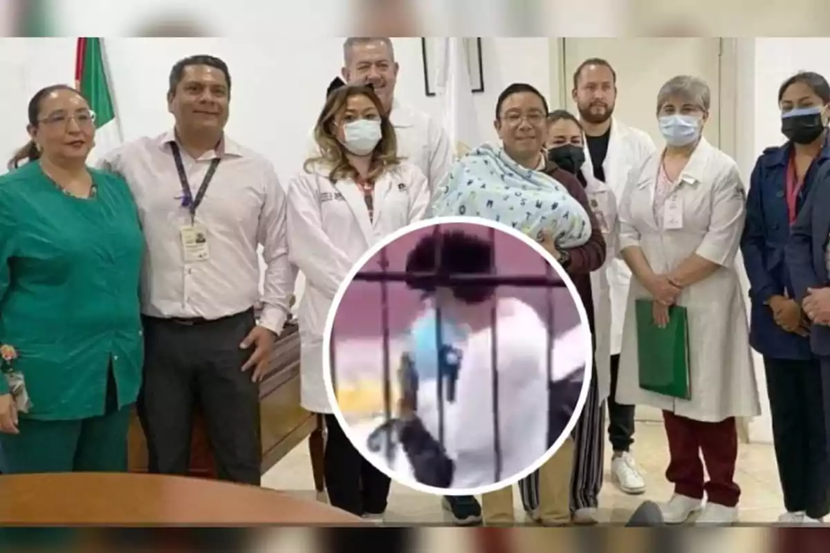 Un grupo de personas, algunas con batas médicas, posan para una foto en un entorno interior; en la esquina inferior derecha hay un recuadro circular con una imagen borrosa de una persona.