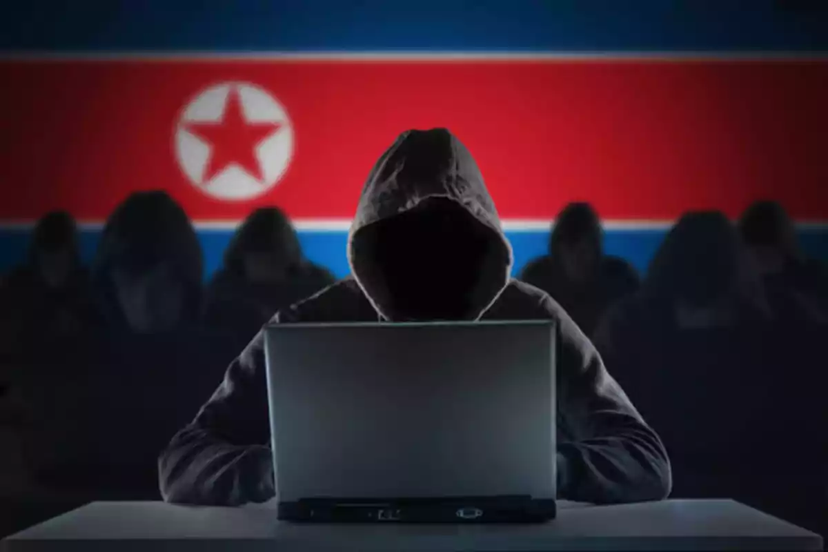 Una figura encapuchada frente a una computadora portátil con la bandera de Corea del Norte de fondo.