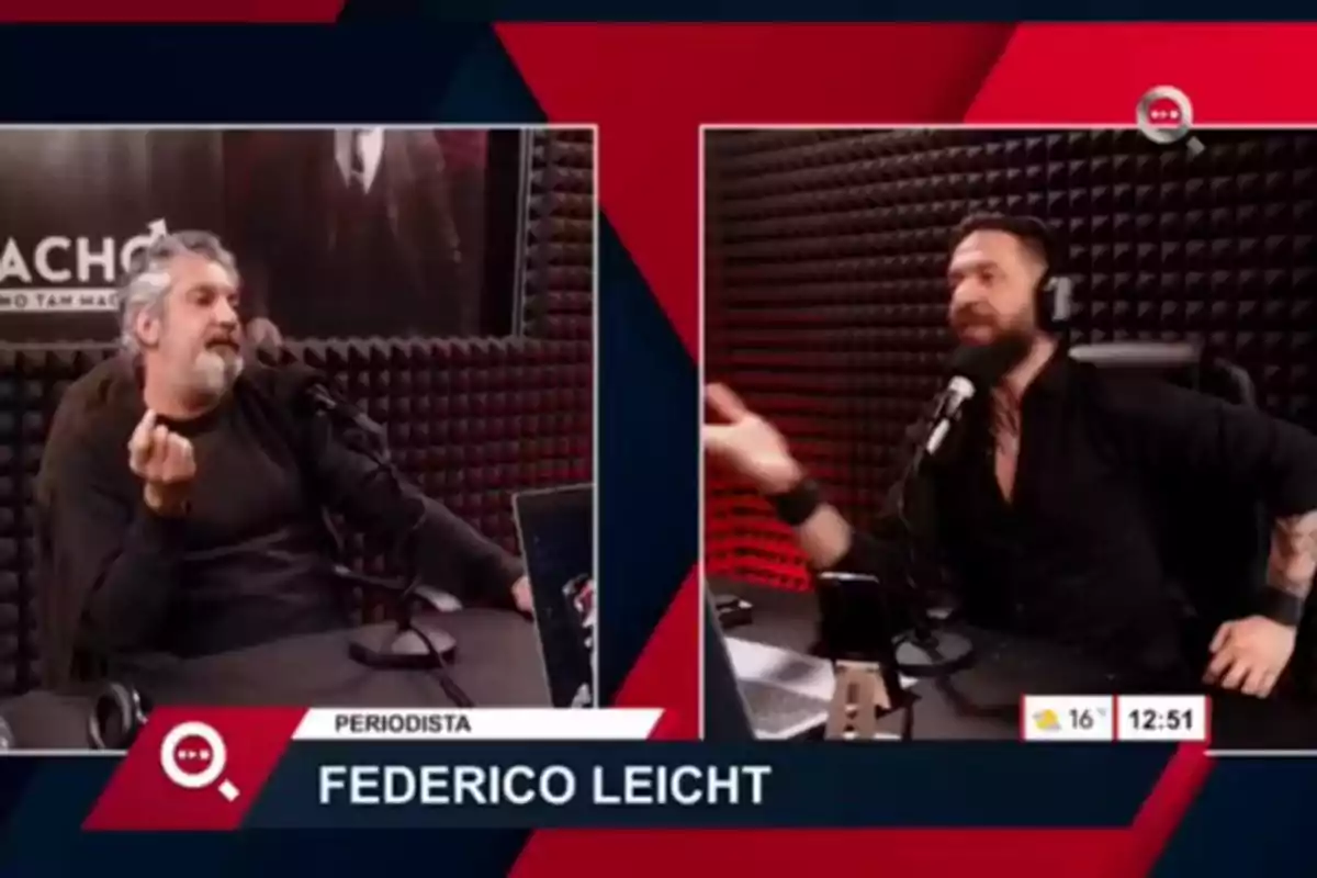 Two men are talking in a radio studio with soundproof walls, both seated in front of microphones and computers, one of them identified as Federico Leicht.