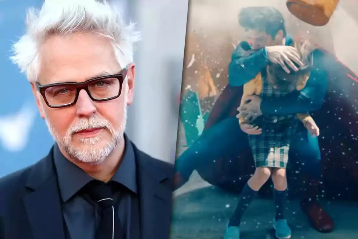 A man with white hair and glasses next to a scene of a superhero protecting a child.