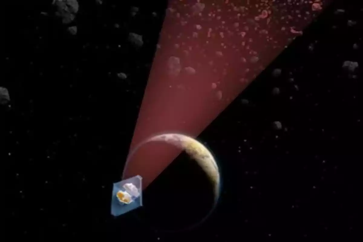 Ilustración de un satélite observando la Tierra desde el espacio con un haz de luz roja rodeado de asteroides. Ilustración de un satélite observando la Tierra desde el espacio con un haz de luz roja rodeado de asteroides.