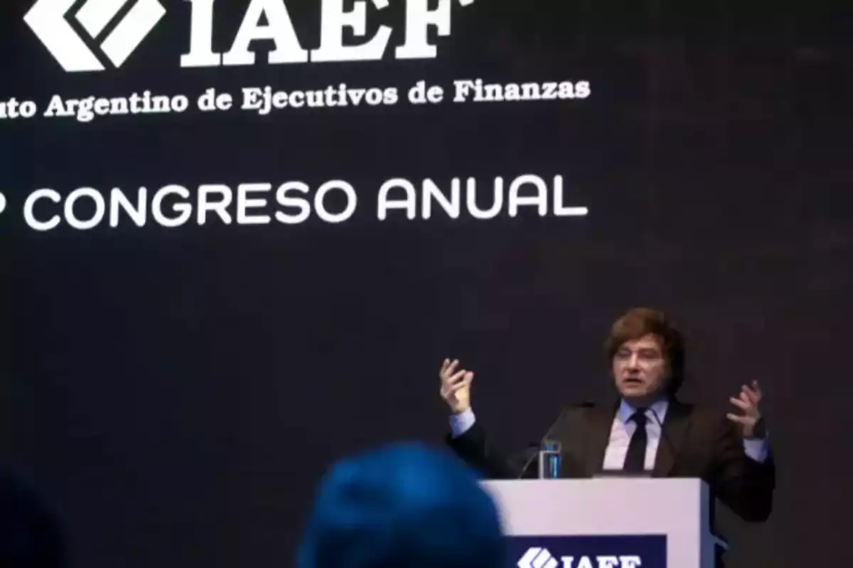 A speaker at a podium during an annual congress of the Argentine Institute of Finance Executives. A speaker at a podium during an annual congress of the Argentine Institute of Finance Executives.