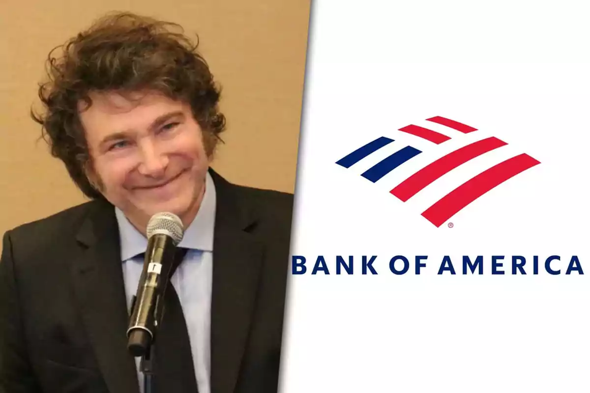 Javier Milei sonriente con un micrófono junto al logo de Bank of America.